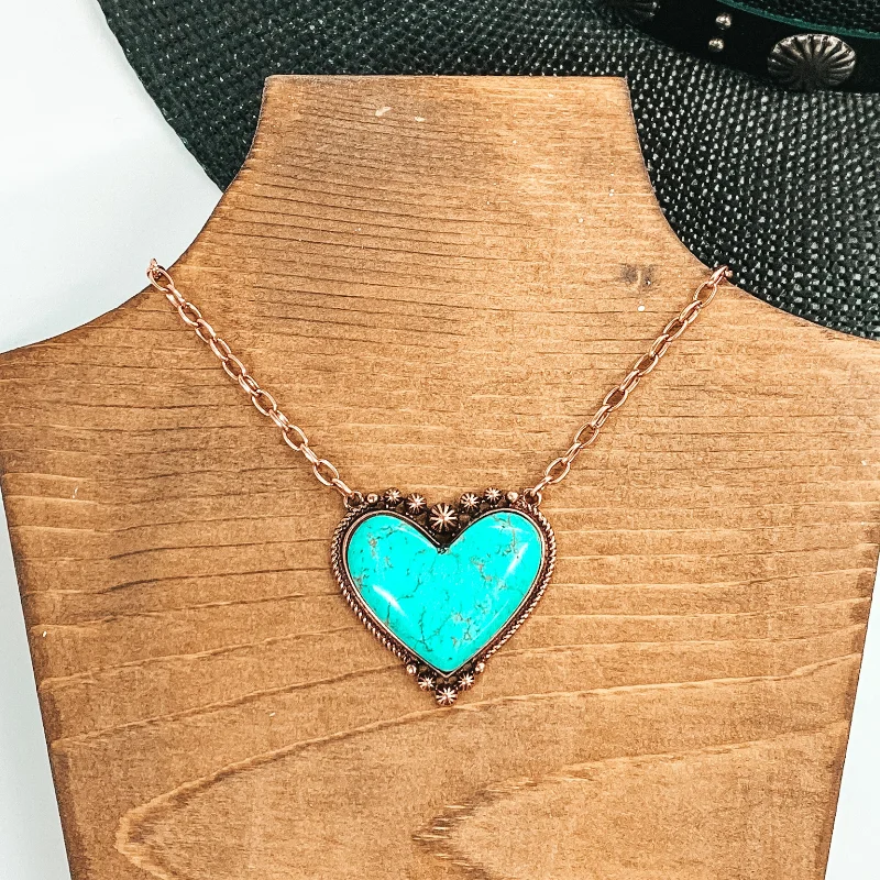 delicate necklaces for women-Copper Tone Chain Necklace with Stone Heart Pendant in Turquoise