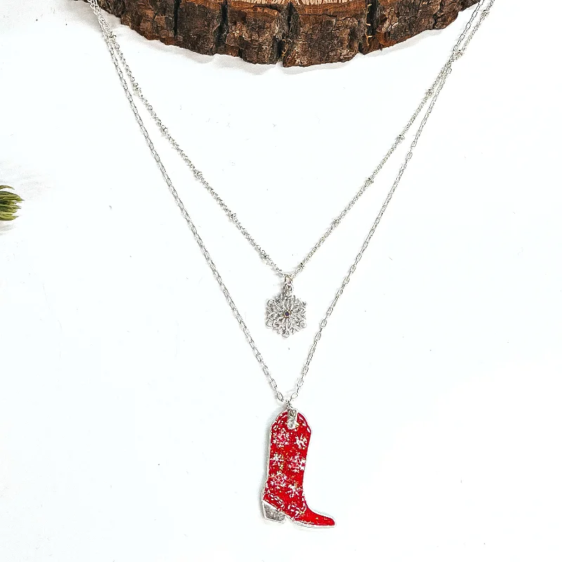 long necklaces for women-Winter Fate Double Strand Silver Tone Necklace with Silver Tone Snowflake and Snowflake Patterned Boot Pendant in Red