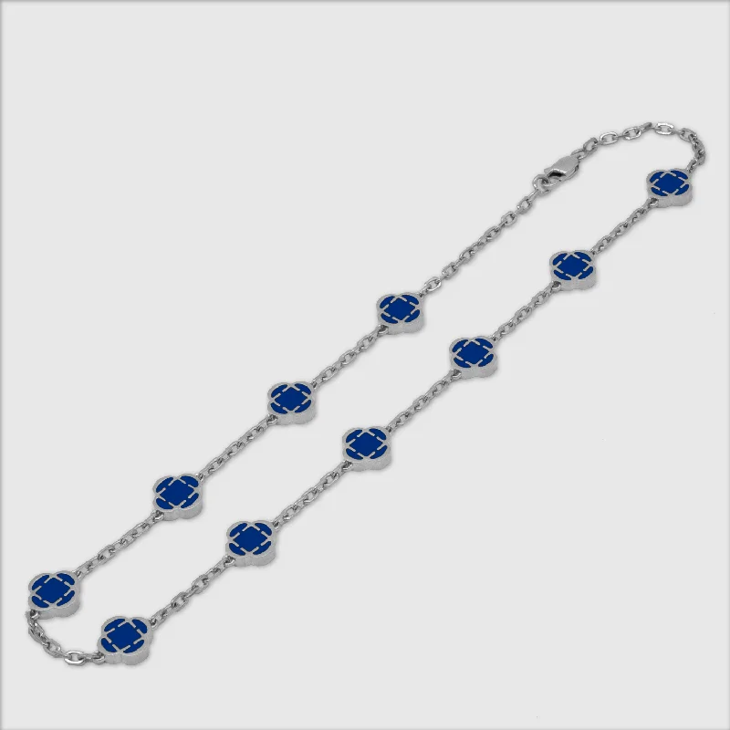 opal necklaces for women-Blue Clover Stone Necklace (Silver)