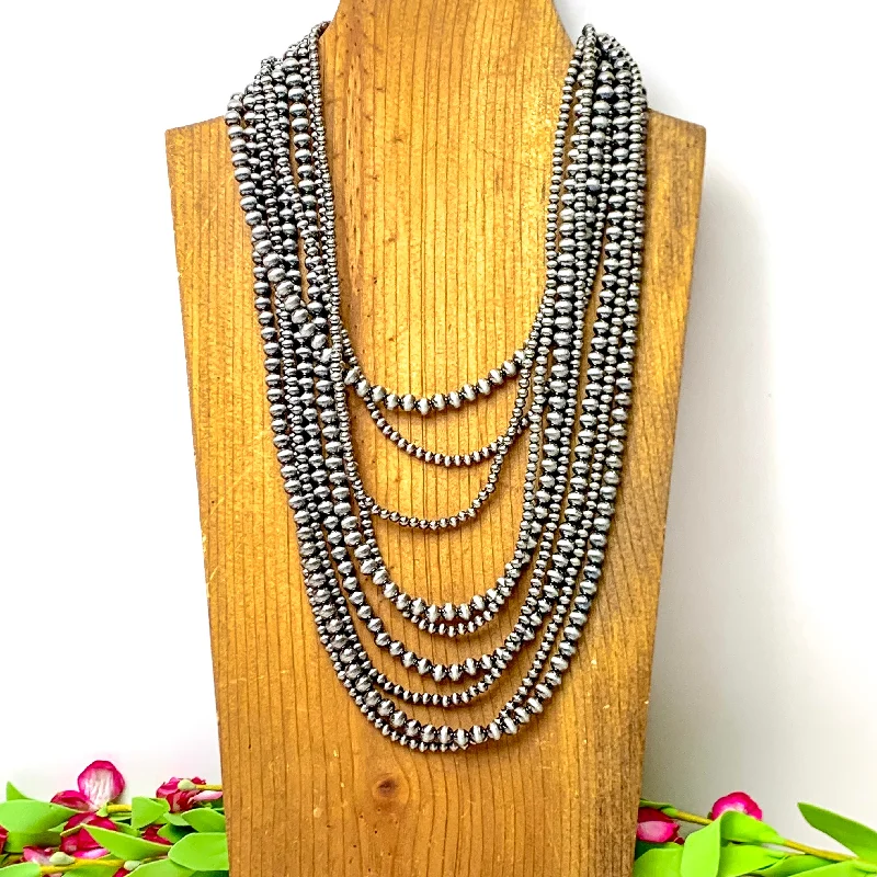 bar necklaces for women-Nine Strand Faux Navajo Pearl Necklace in Silver Tone