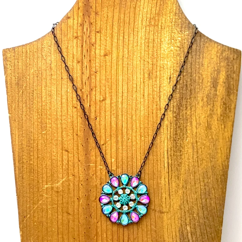 moon and star necklaces for women-Desert Daisy Patina Tone Flower Concho Necklace in Pink and Turquoise