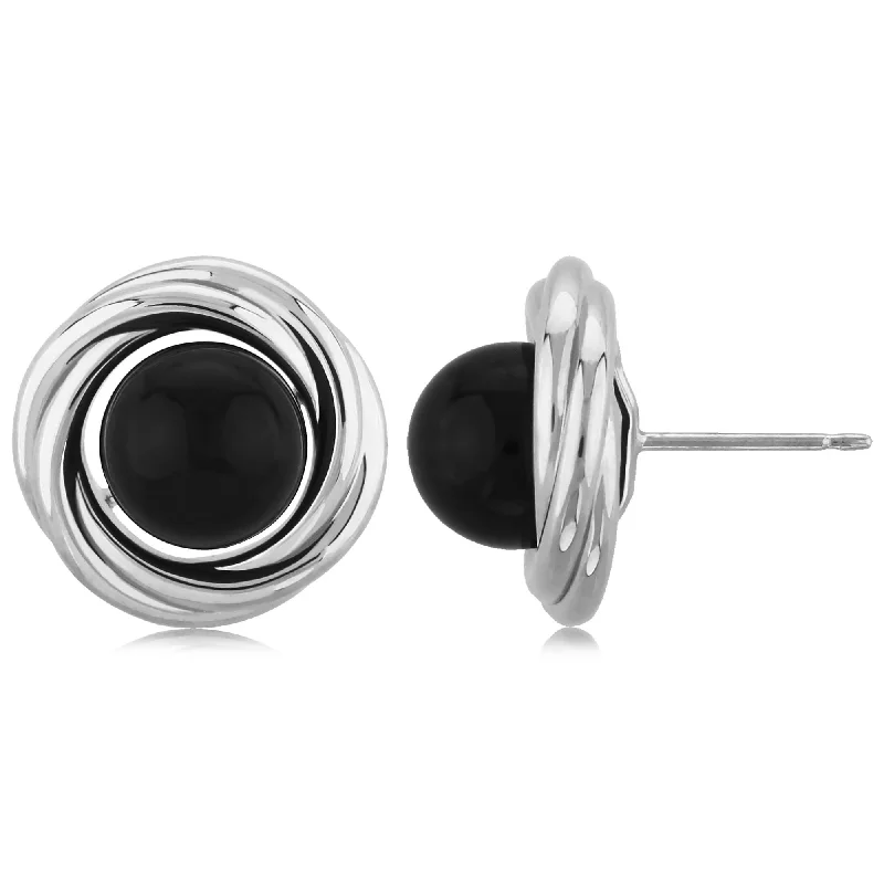 gold stud earrings for women-Sterling Silver Lg Knot W/8mm Blk Onyx Earrings