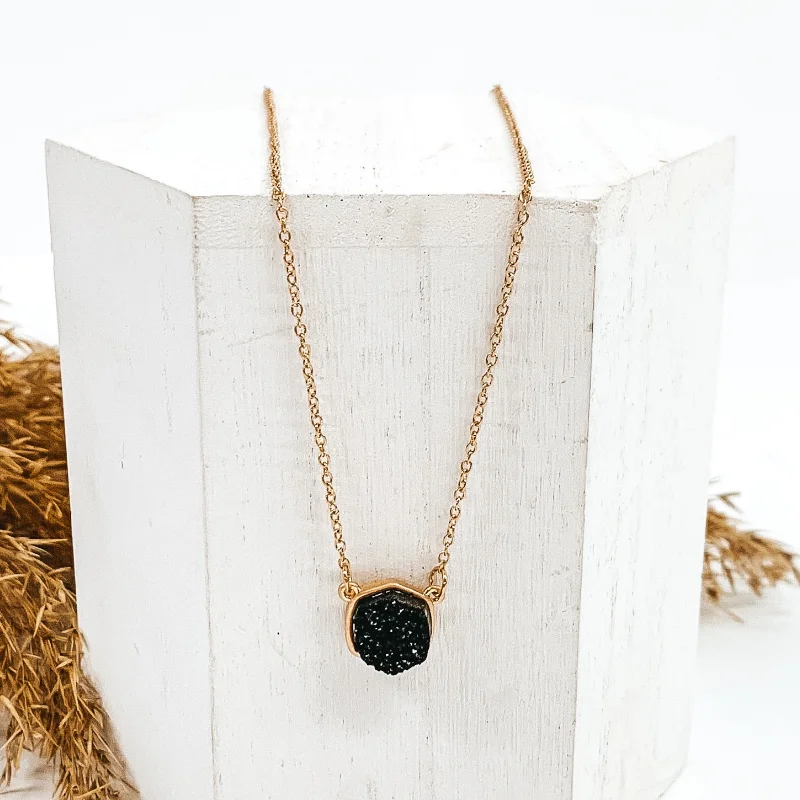 heart-shaped necklaces for women-Druzy Hexagon Gold Necklace in Black