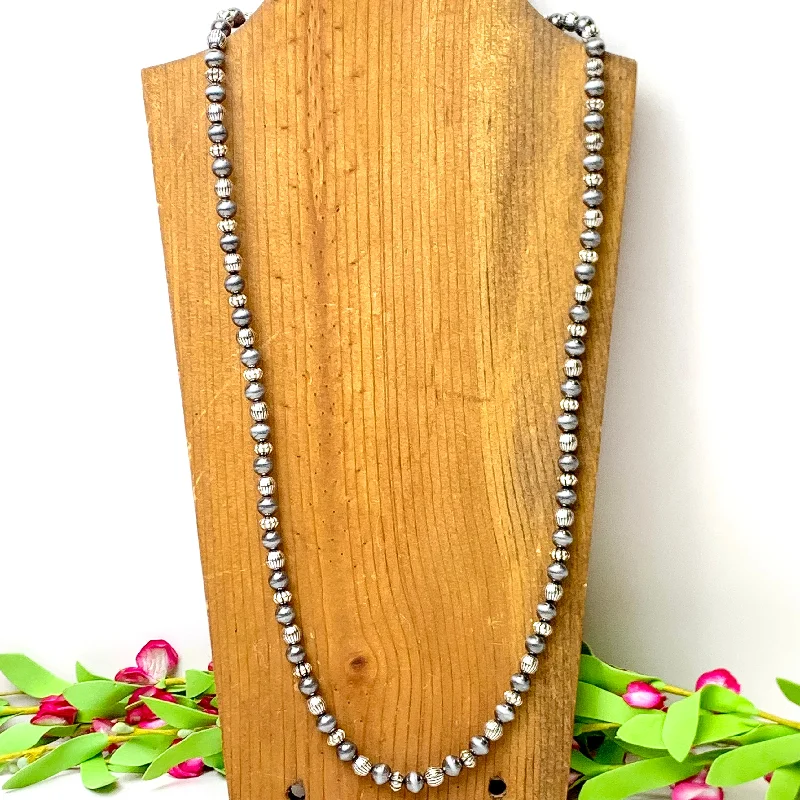 layered gold necklaces for women-Long Faux Navajo Pearl Necklace with Corrugated Spacers in Silver Tone