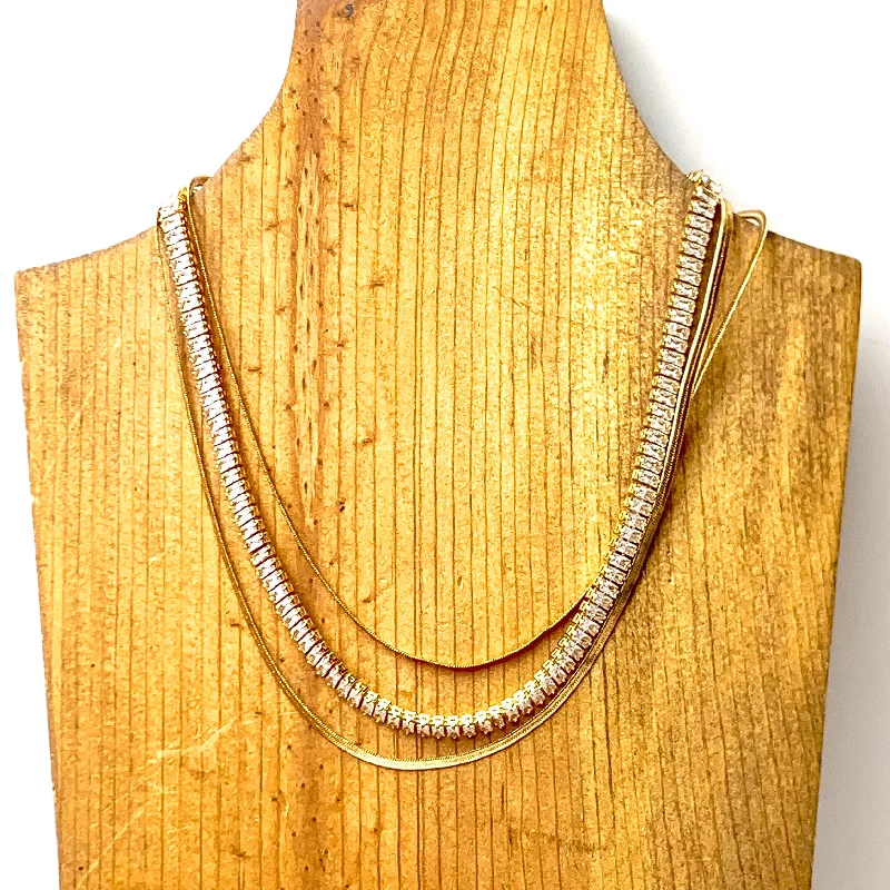 gemstone pendants for women-Triple Strand Gold Tone Herringbone Chain and Baguette Rhinestone Necklace