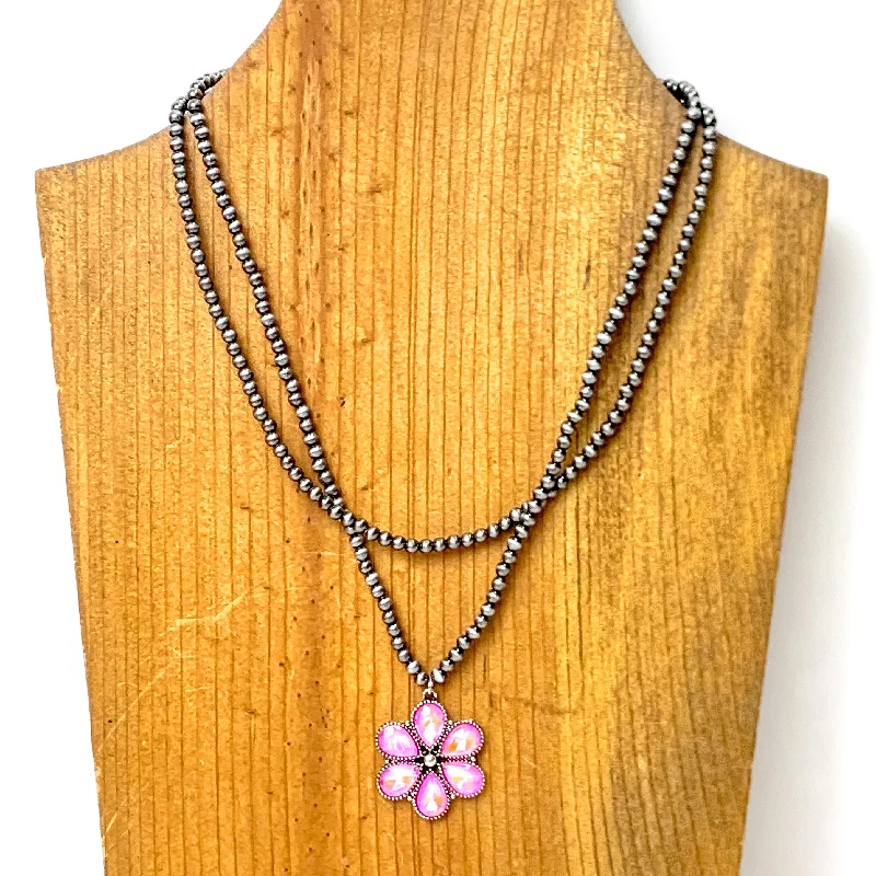 antique necklaces for women-Bourbon Blooms Faux Navajo Pearl Necklace in Pink and Silver Tone