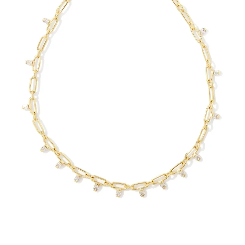 elegant necklaces for women-Kendra Scott | Lindy Gold Crystal Chain Necklace in White Crystal