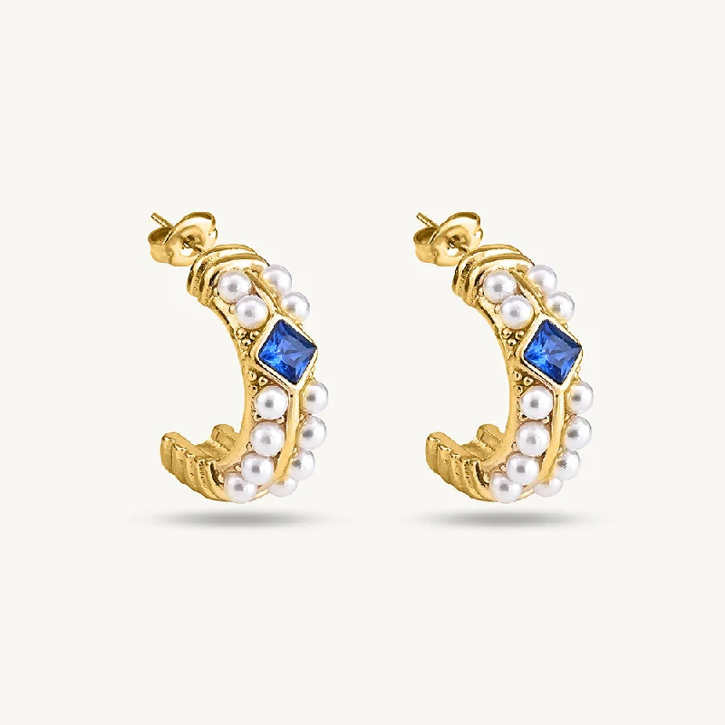 statement earrings for women-Classic Pearl and Sapphire Gold Hoop Earrings