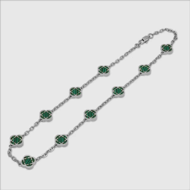 gemstone pendants for women-Malachite Clover Stone Necklace (Silver)