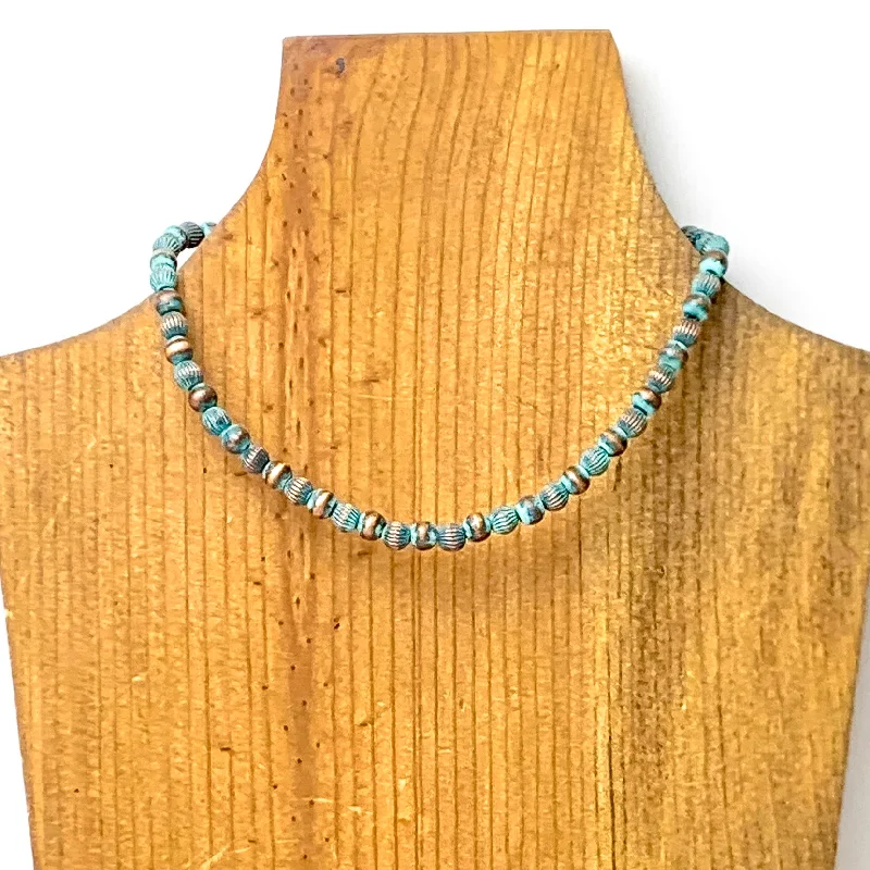 choker necklaces for women-Faux Navajo Pearl Choker Necklace with Corrugated Spacers in Patina Tone