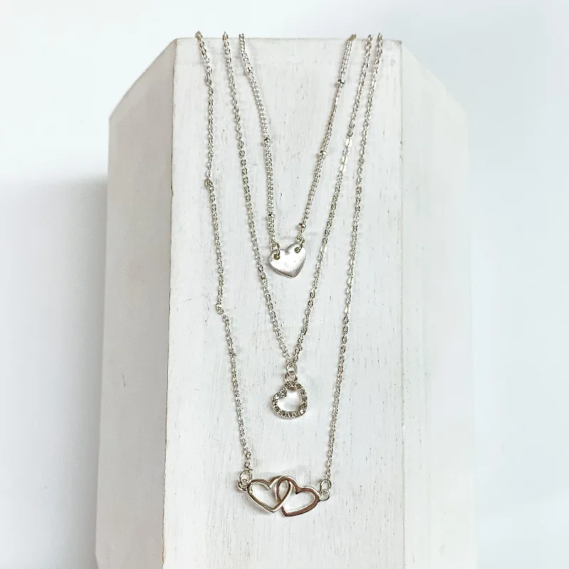 birthstone necklaces for women-Multi Layered Necklace with Heart Pendants in Silver Tone