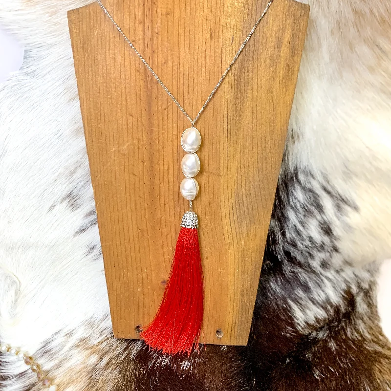 gold heart pendants for women-Long Silver Tone Chain Necklace with Baroque Pearl and Tassel Pendant in Red