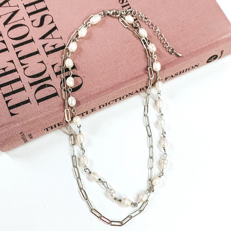 diamond statement necklaces for women-Double Layered Paperclip Chain and White Pearl Linked Necklace in Silver Tone