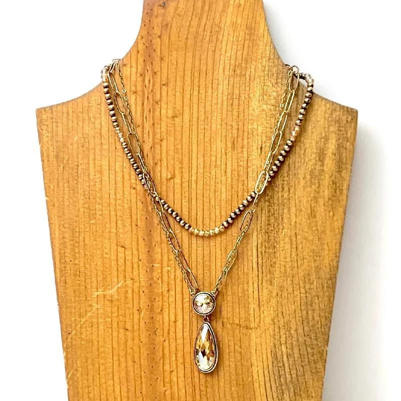 zirconia necklaces for women-Three Row Faux Navajo Pearl Chain Necklace with Champagne Crystal Pendants in Gold Tone