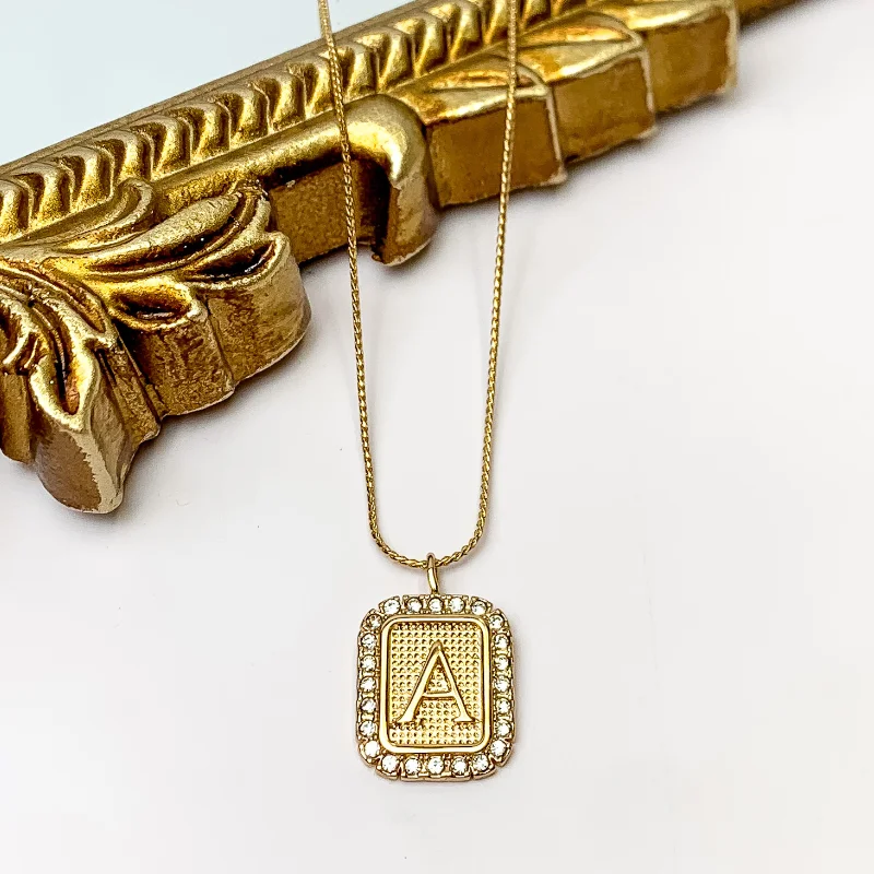 birthstone necklaces for women-Gold Tone Chain Necklace with Rectangle Initial Pendant Outlined in Clear Crystals