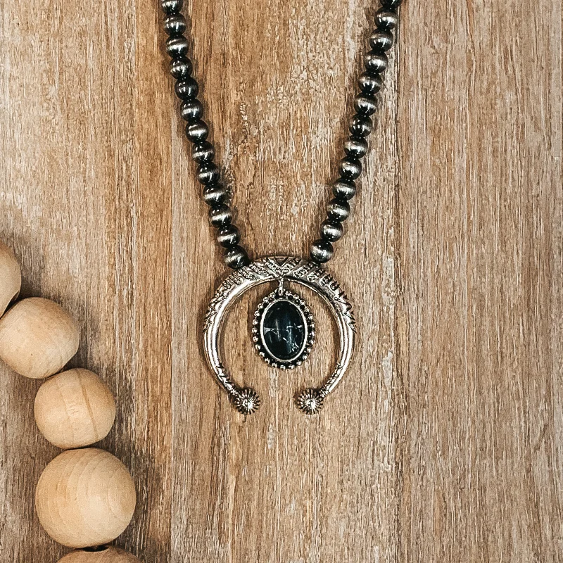 3-layered necklaces for women-Squash Blossom with Black Oval Pendant and Navajo Inspired Pearl Necklace