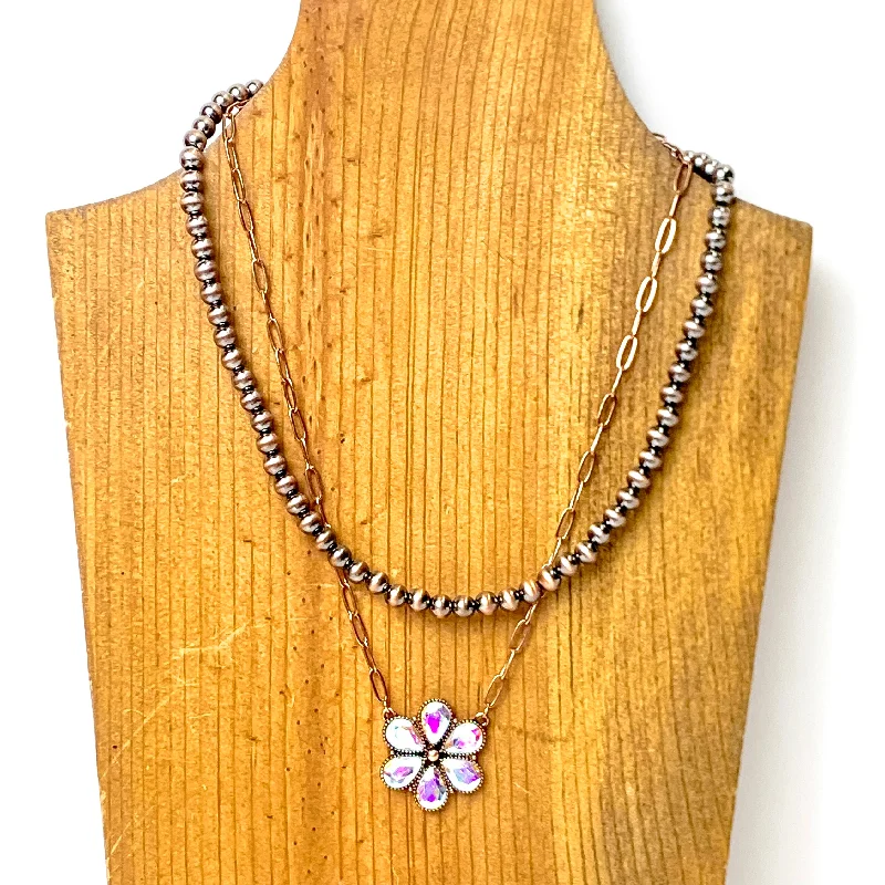 trendy necklaces for women-Prairie Petals Faux Navajo Pearl and Chain Necklace in Copper Tone