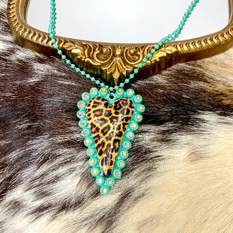 fine gold necklaces for women-Teal Blue Beaded Necklace With Leopard Print Heart Pendant and AB Crystal Border Accents