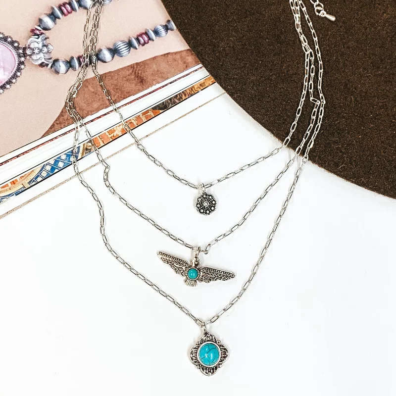 cubic zirconia necklaces for women-Set Me Free Three Layered Silver Necklace with Thunderbird Pendant and Turquoise Stones