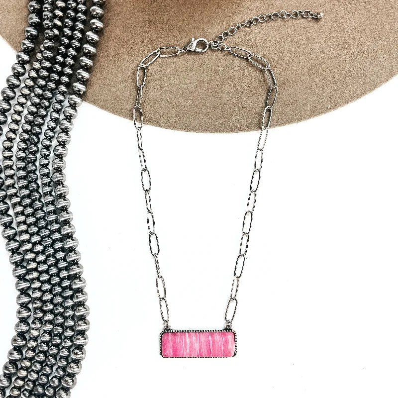 infinity necklaces for women-Let's Link Up Silver Tone Chain Necklace with Rectangle Agate Stone Pendant in Pink