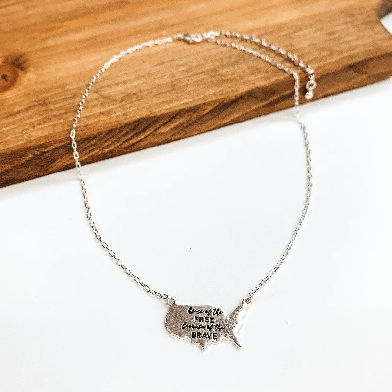 birthstone necklaces for women-Home of the Free Because of the Brave Silver Necklace with USA Pendant