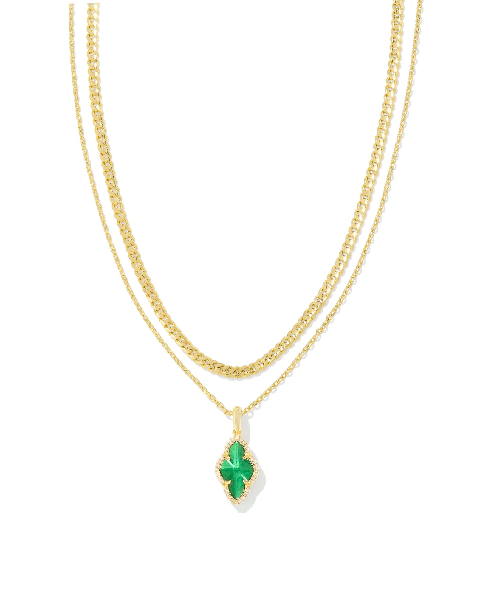 charm pendant necklaces for women-Kendra Scott | Abbie Gold Pave Frame Multi Strand Necklace in Emerald Green Illusion