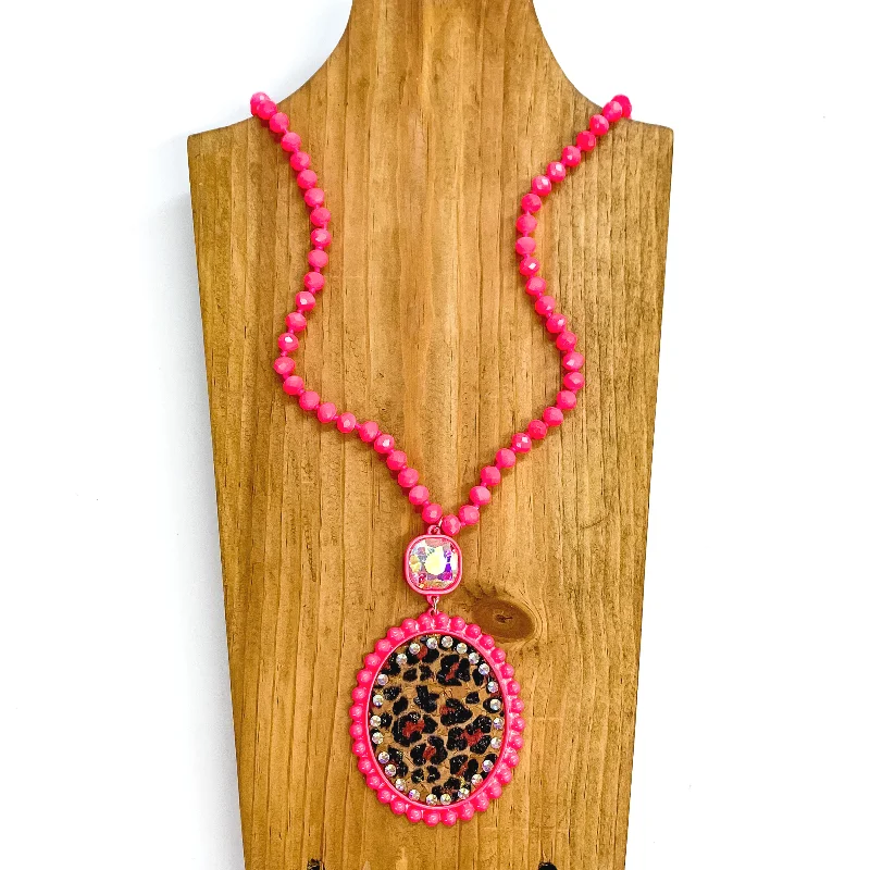 fine gold necklaces for women-Crystal Strand Necklace with Leopard Print Pendant and AB Cushion Cut Crystal Connector in Neon Pink