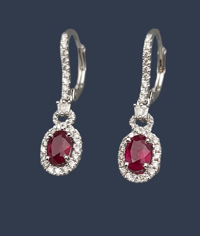 colorful gemstone earrings for women-Ruby Diamond Dangle Earrings 14K White Gold