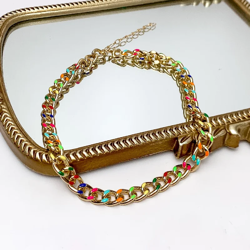 layered pearl necklaces for women-Gold Tone Chain With Accents of Multicolor