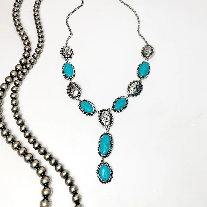 fine gold necklaces for women-Western Oval Turquoise and Silver Tone Y Necklace