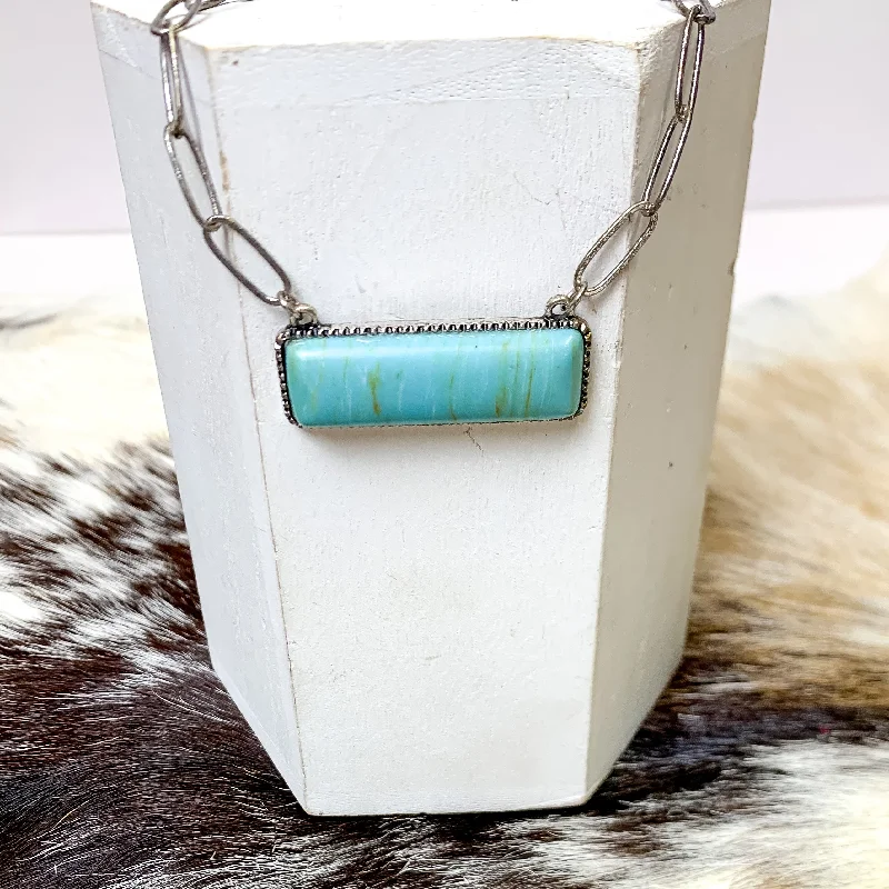 dainty gold necklaces for women-Let's Link Up Silver Tone Chain Necklace with Rectangle Agate Stone Pendant in Turquoise