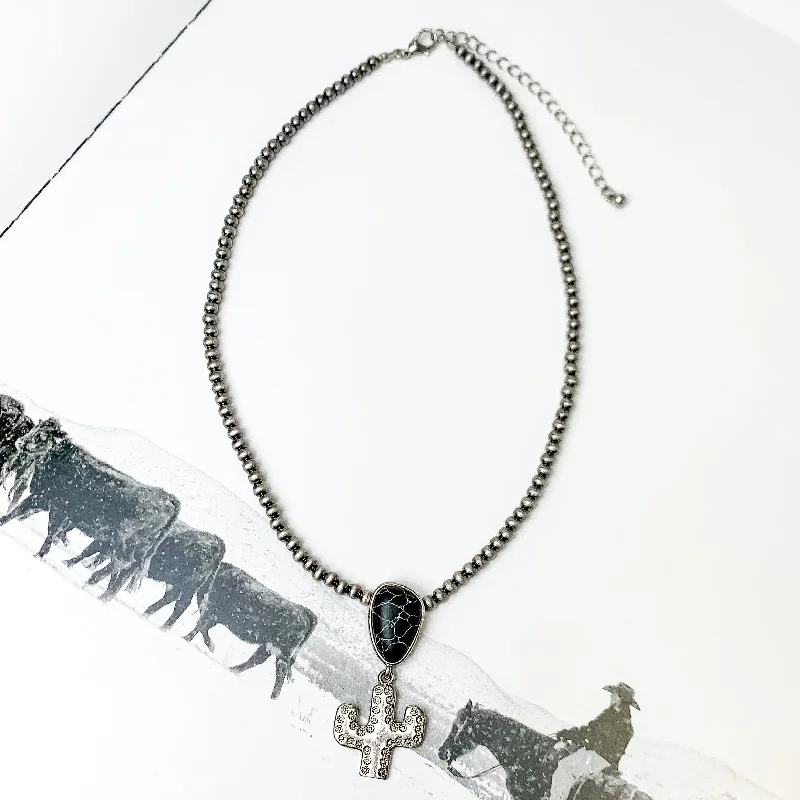 pearl drop necklaces for women-Cactus Queen Faux Navajo Silver Tone Necklace with Stone in Black