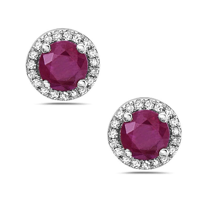 retro earrings for women-Ruby And Diamond Halo Post Earrings