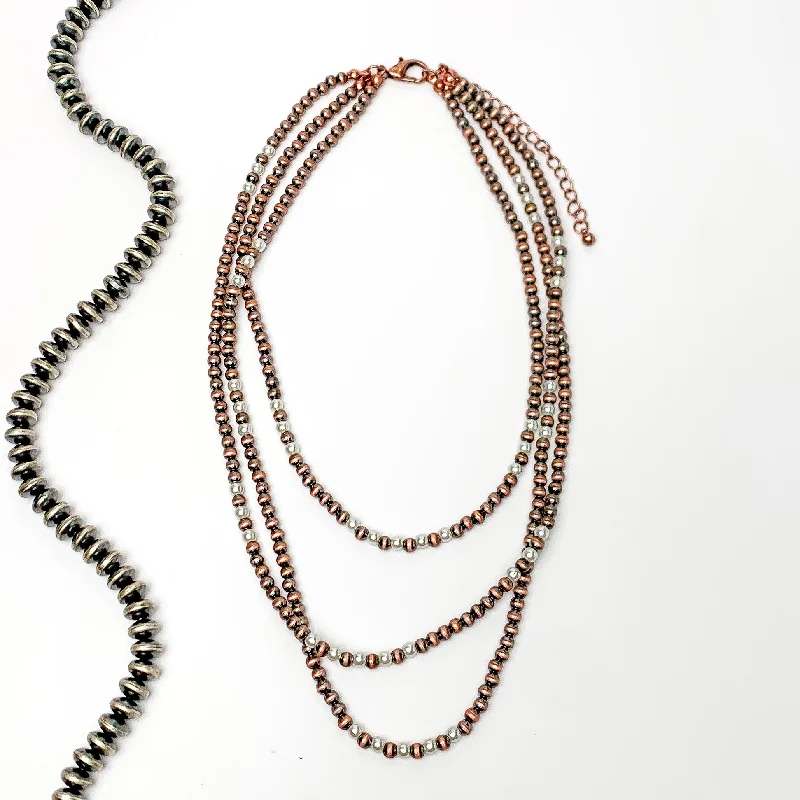 infinity pendant necklaces for women-3 Strand Faux Navajo Pearl Necklace in Copper Tone with White Pearl Beads