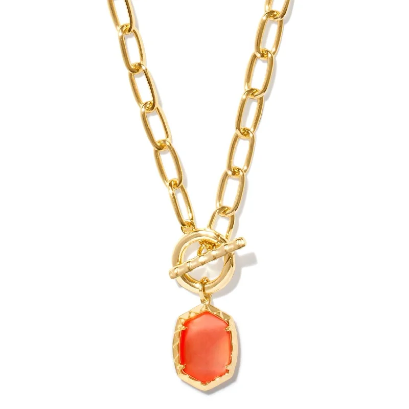 colorful gemstone necklaces for women-Kendra Scott | Daphne Gold Link and Chain Necklace in Coral Pink Mother of Pearl