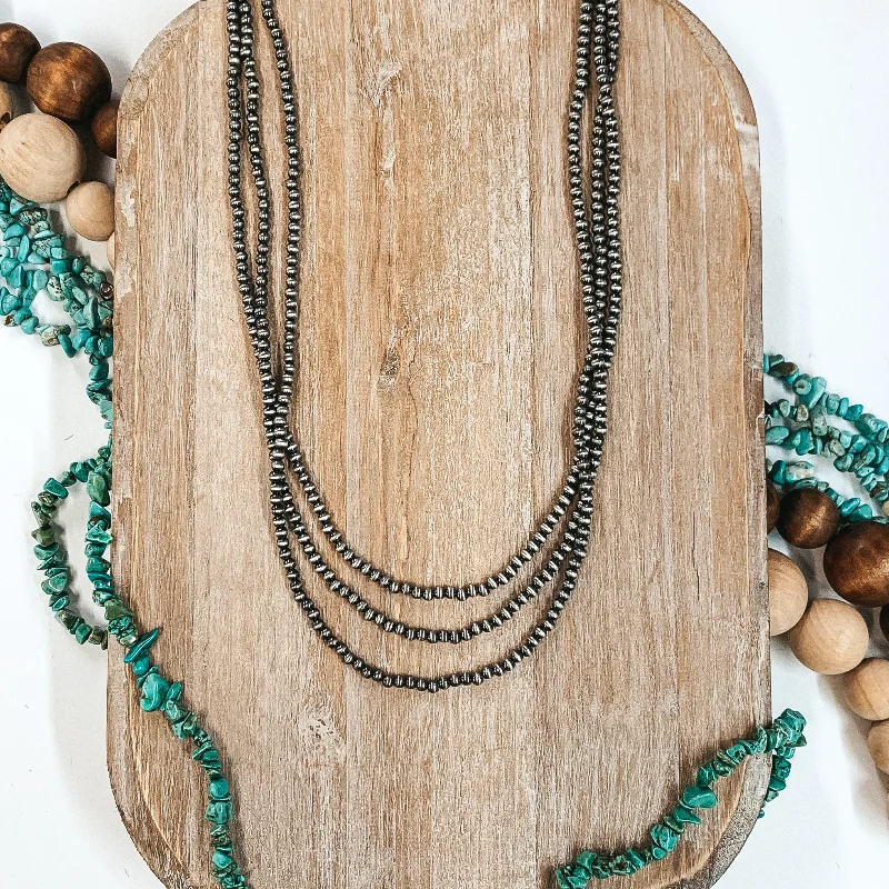 turquoise necklaces for women-Three Strands of Long Faux Navajo Pearls in Silver Tone