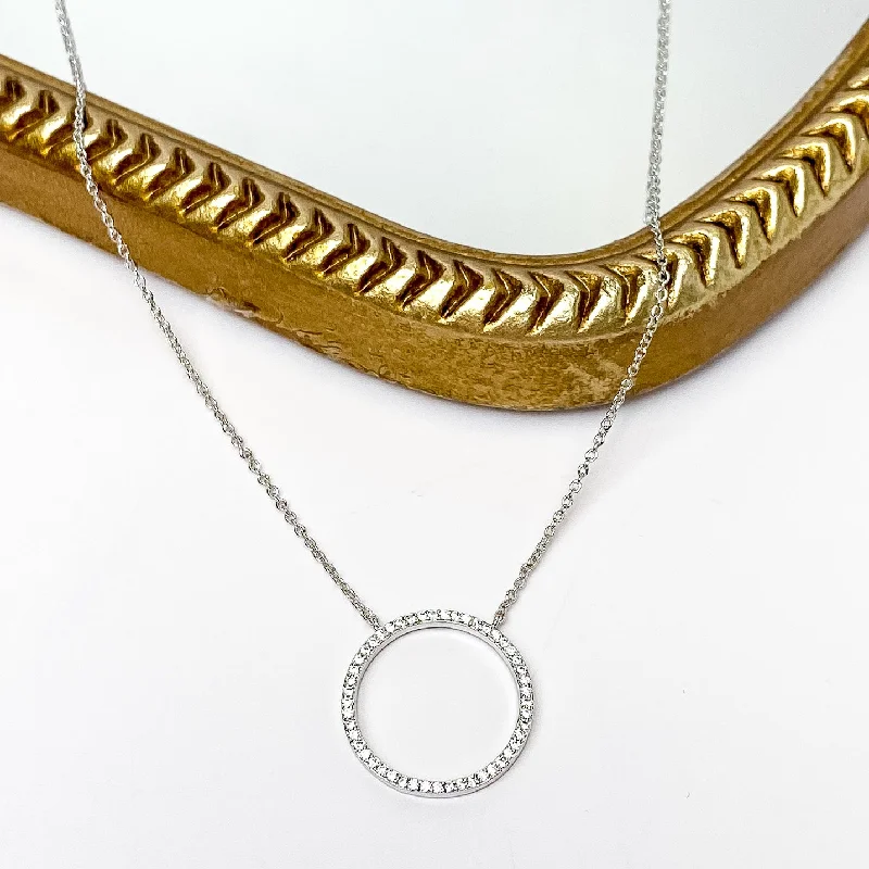 layered necklaces for women-Inner Circle Chain Necklace with CZ Crystals in Silver Tone