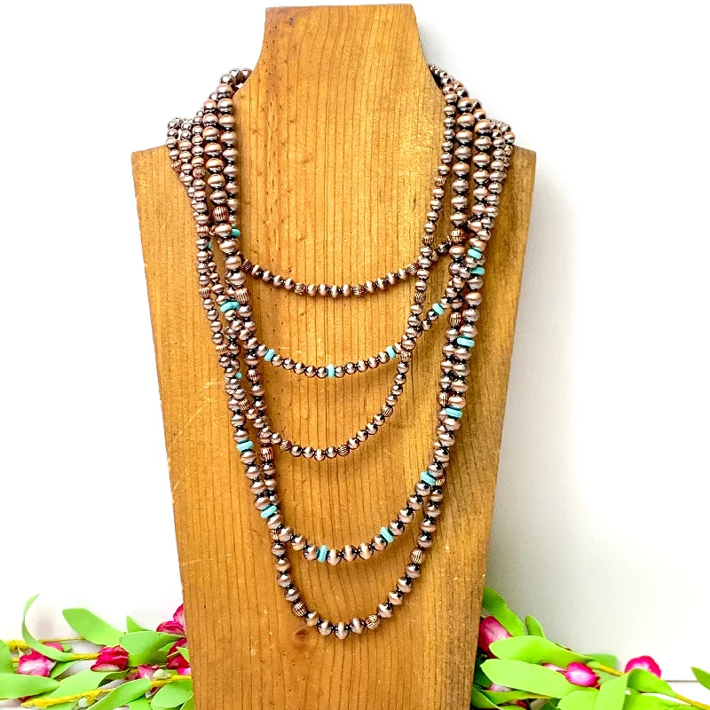 statement chain necklaces for women-Five Row Faux Navajo Pearl Layered Necklace with Faux Turquoise Disk Bead Spacers in Copper Tone