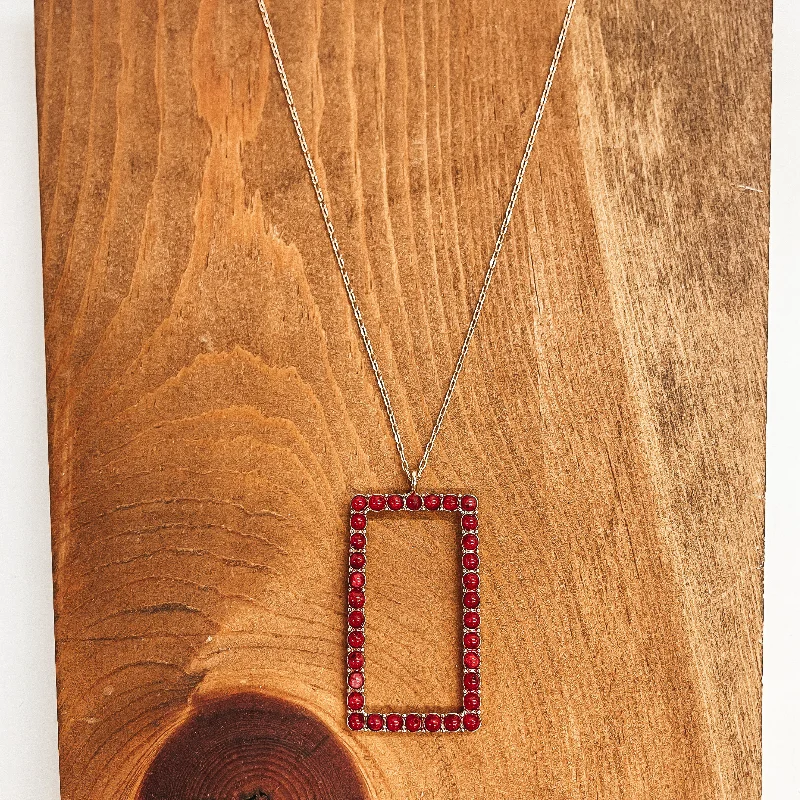 white gold necklaces for women-Long Gold Necklace with Open Rectangle Pendant in Burgundy