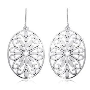 hoop earrings with diamonds for women-Sterling Silver Oval Center Floral Earrings