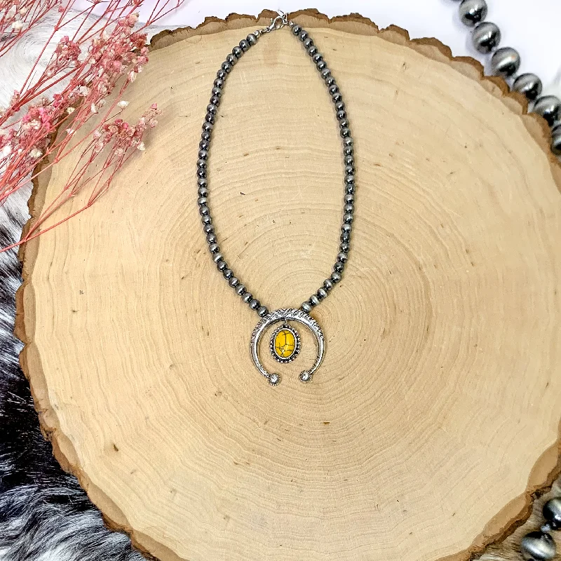 heart-shaped necklaces for women-Faux Navajo Pearl Silver Tone Necklace with Naja Pendant and Oval Stone Dangle in Mustard Yellow