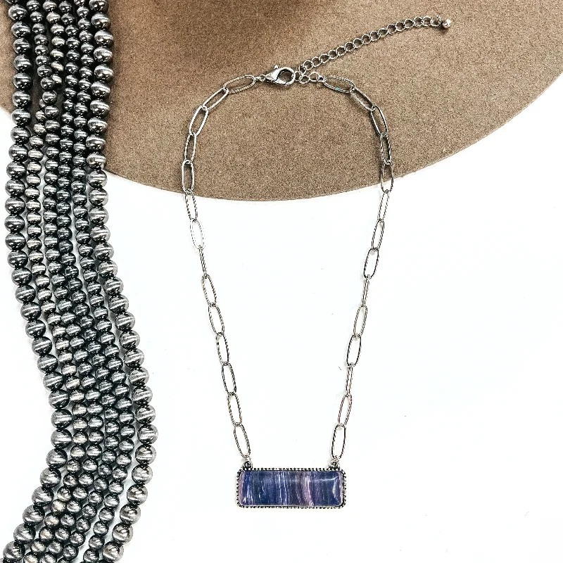 vintage necklaces for women-Let's Link Up Silver Tone Chain Necklace with Rectangle Agate Stone Pendant in Purple