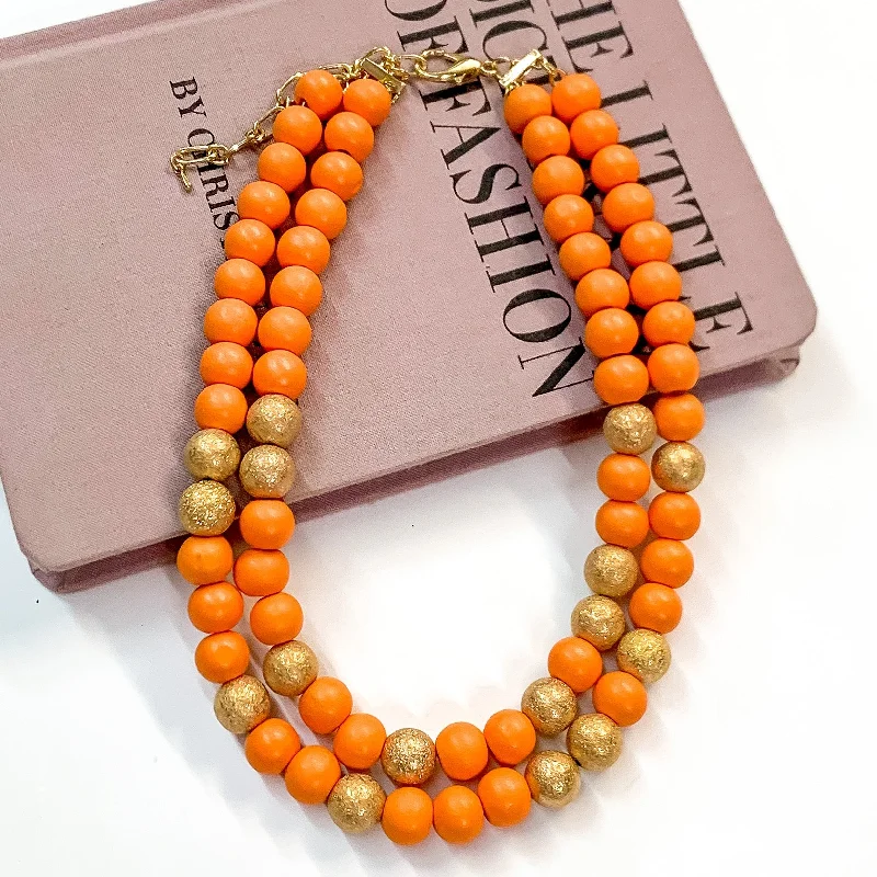 silver-plated necklaces for women-Making Joy Large Beaded Two Strand Necklace with Gold Tone Spacers in Orange