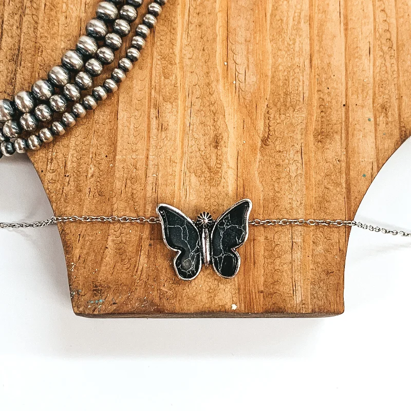 3-layered necklaces for women-Silver Tone Necklace with Butterfly Pendant in Black