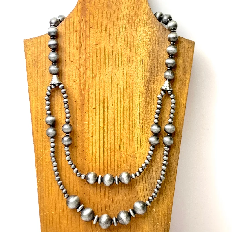 silver heart necklaces for women-Double Row Faux Navajo Pearl Layering Necklace in Silver Tone