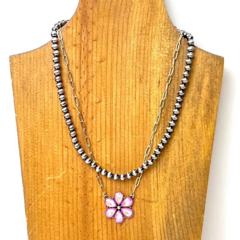 engraved necklaces for women-Prairie Petals Faux Navajo Pearl and Chain Necklace in Pink and Silver Tone