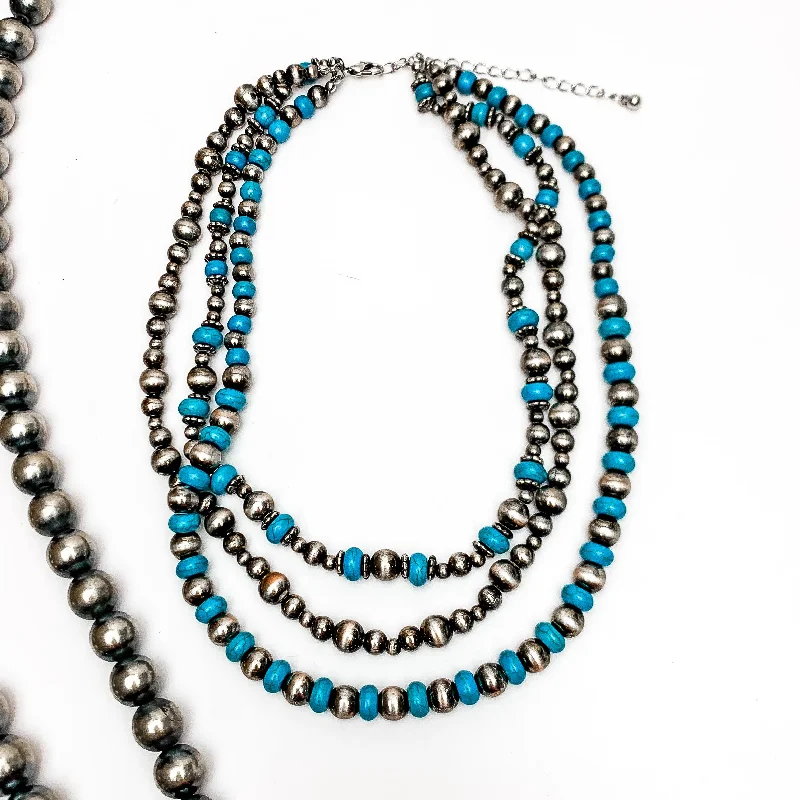 multi-layered necklaces for women-Triple Strand Turquoise and Silver Tone Beaded Necklace