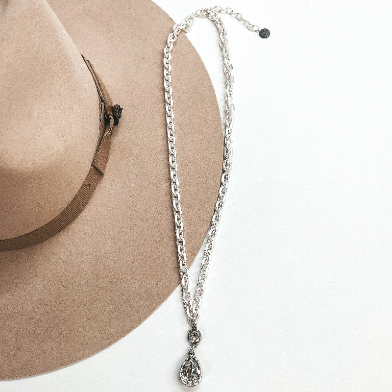 vintage-inspired necklaces for women-Pink Panache | Chunky Chain Necklace with Clear Crystal Teardrop and Small Clear Cushion Cut Crystal in Silver