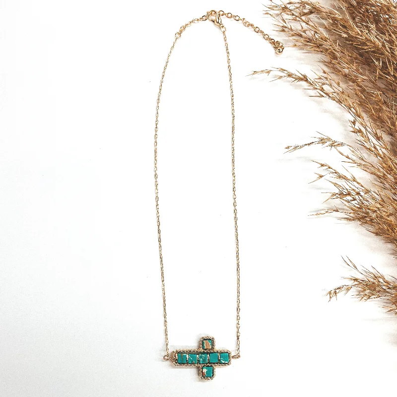 personalized bar necklaces for women-Gold Chain Necklace with Semi-Precious Stone Cross Pendant in Turquoise