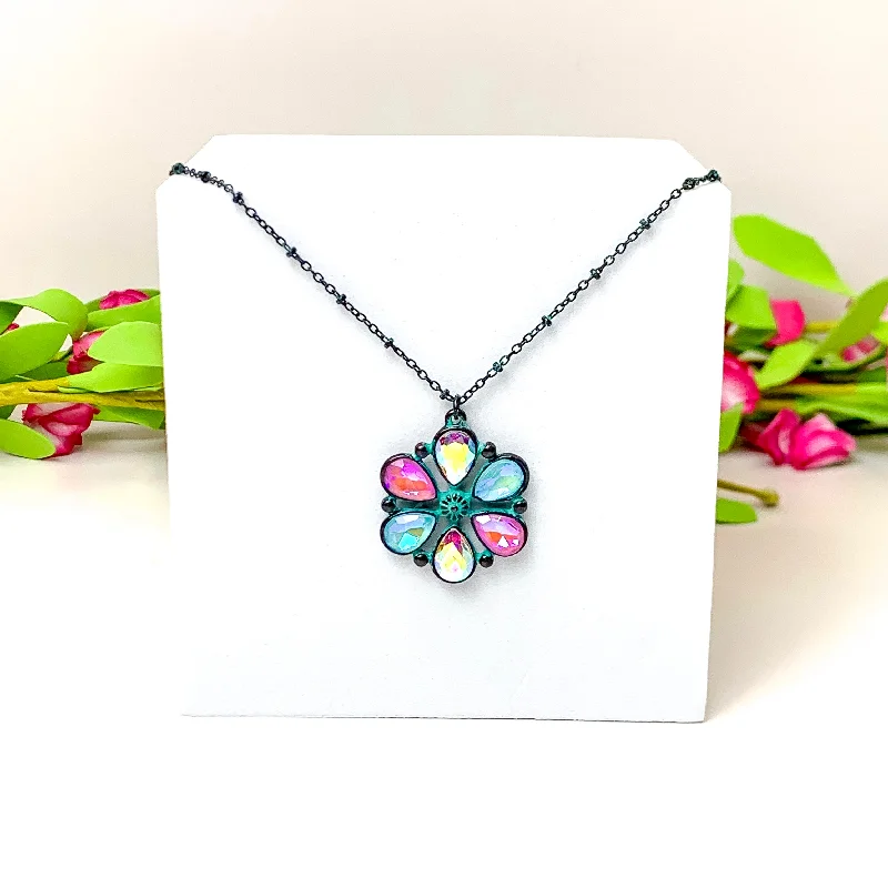 letter necklaces for women-Petal Perfection Patina Tone Flower Pendant Necklace in Pink and Turquoise